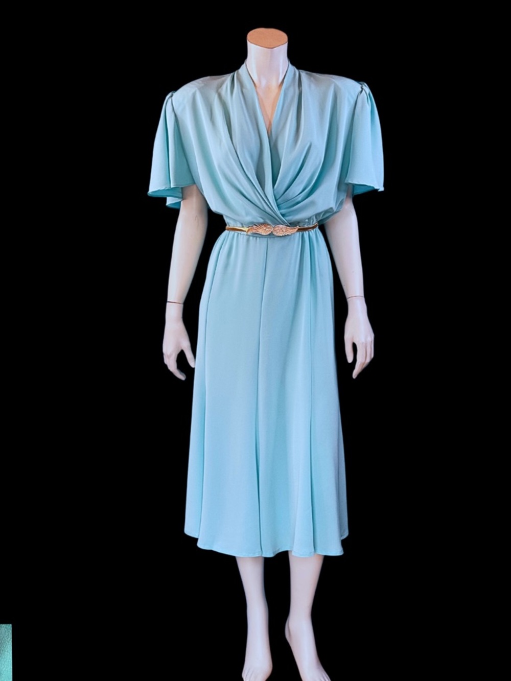 Lilli Ann ROBINS EGG Blue draped Strong Shoulder Dress / 70s 80s / M